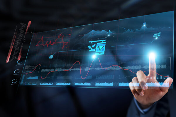 Agriculture Technology: Businessman analyzes data strategy with graph on digital screen. Precision farming, crop monitoring, smart irrigation, data analytics, sustainability, agricultural automation