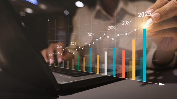 Businesswoman use graph from 2019 to 2025 year of business planing and stock investment growth concept