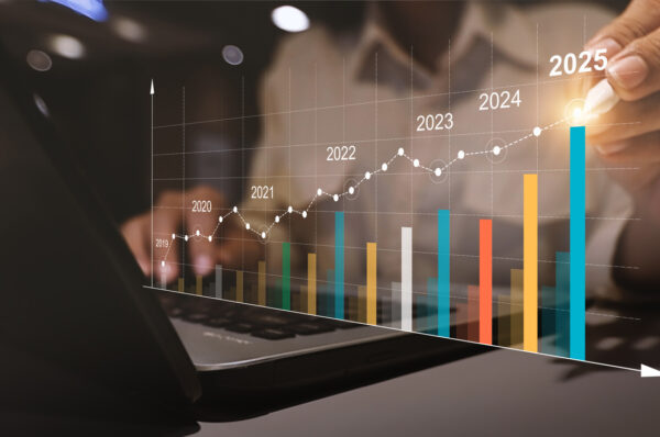 Businesswoman use graph from 2019 to 2025 year of business planing and stock investment growth concept