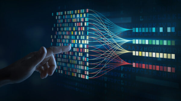 Data science and big data technology.  Big data analytics visualizing complex data set on touchscreen. Data mining.