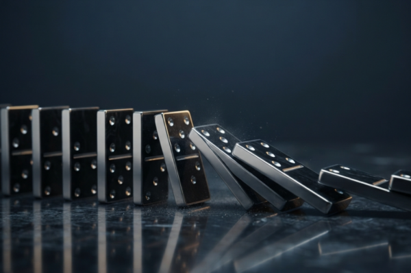 Dominoes falling in a chain reaction, representing the consequences of funding falling away at the last minute.