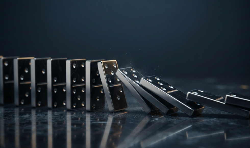 Dominoes falling in a chain reaction, representing the consequences of funding falling away at the last minute.