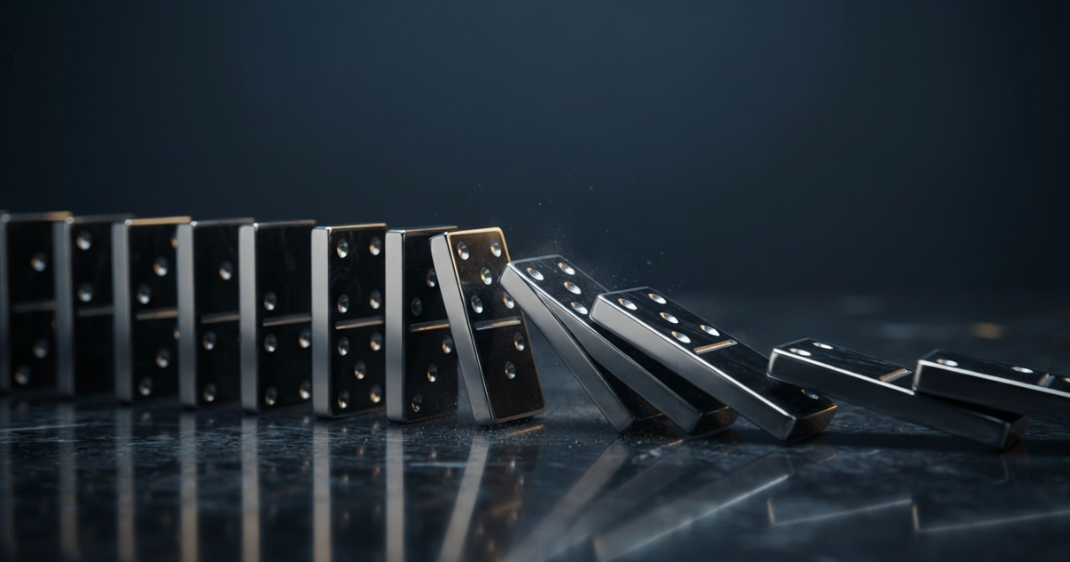 Dominoes falling in a chain reaction, representing the consequences of funding falling away at the last minute.