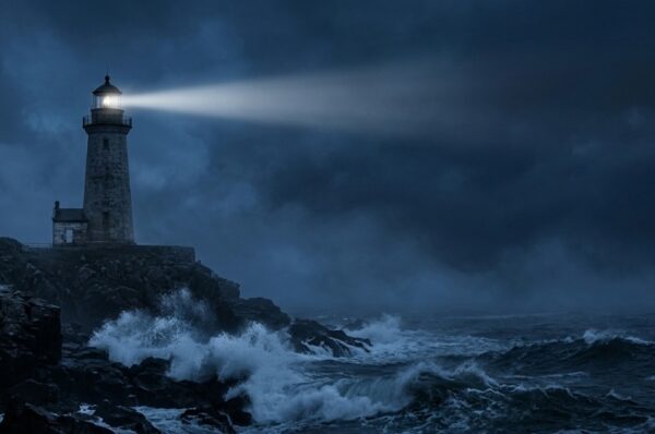 Lighthouse beam illuminating rough seas during a storm to showcase a Broker guiding a client through a loan default and refinancing solution