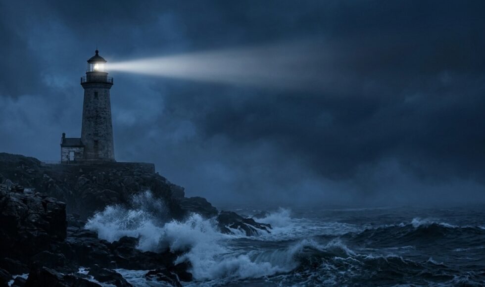 Lighthouse beam illuminating rough seas during a storm to showcase a Broker guiding a client through a loan default and refinancing solution