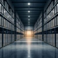 Modern light industrial warehouse featuring organised storage racks, palletised goods and efficient inventory management.