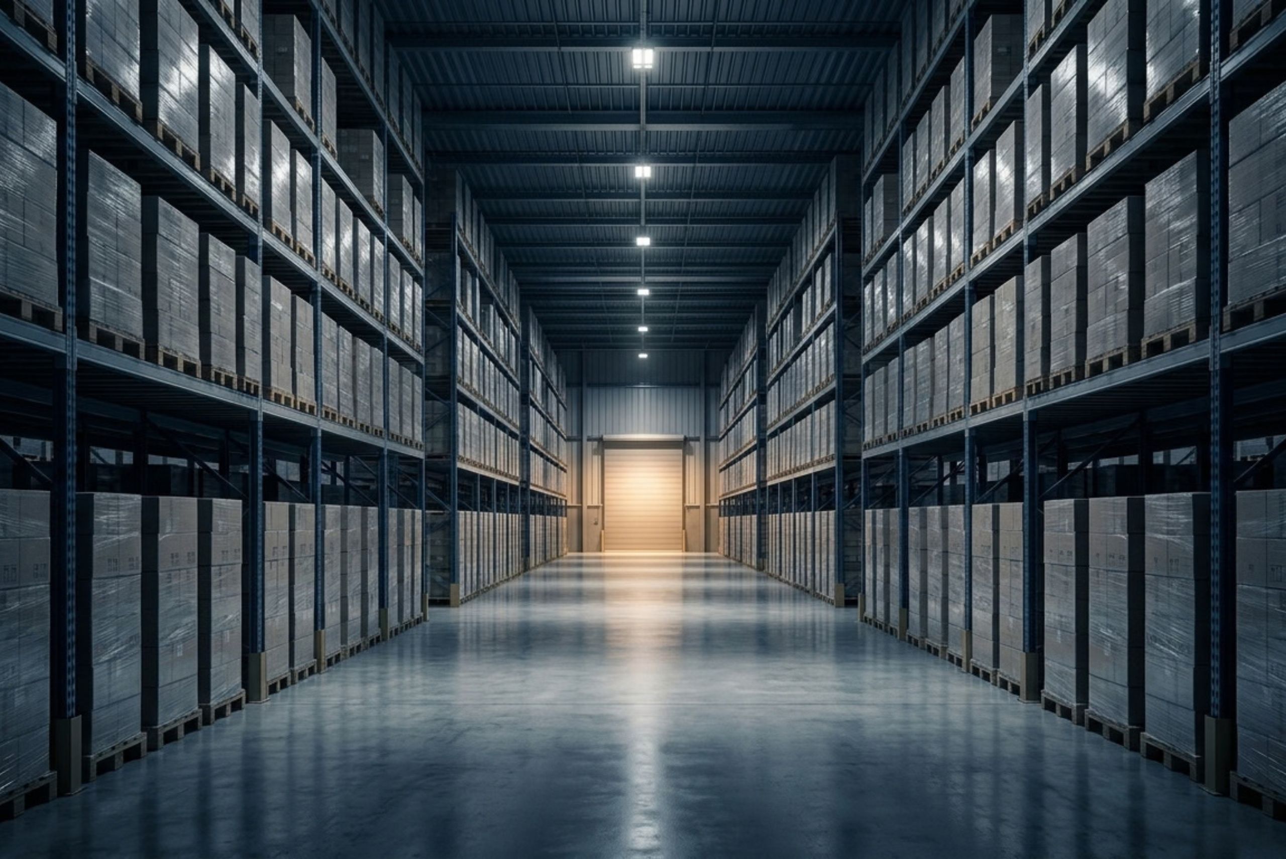Modern light industrial warehouse featuring organised storage racks, palletised goods and efficient inventory management.