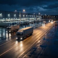 Freight trucks moving through a large distribution centre at night, with illuminated loading docks and wet roads reflecting warehouse lighting.