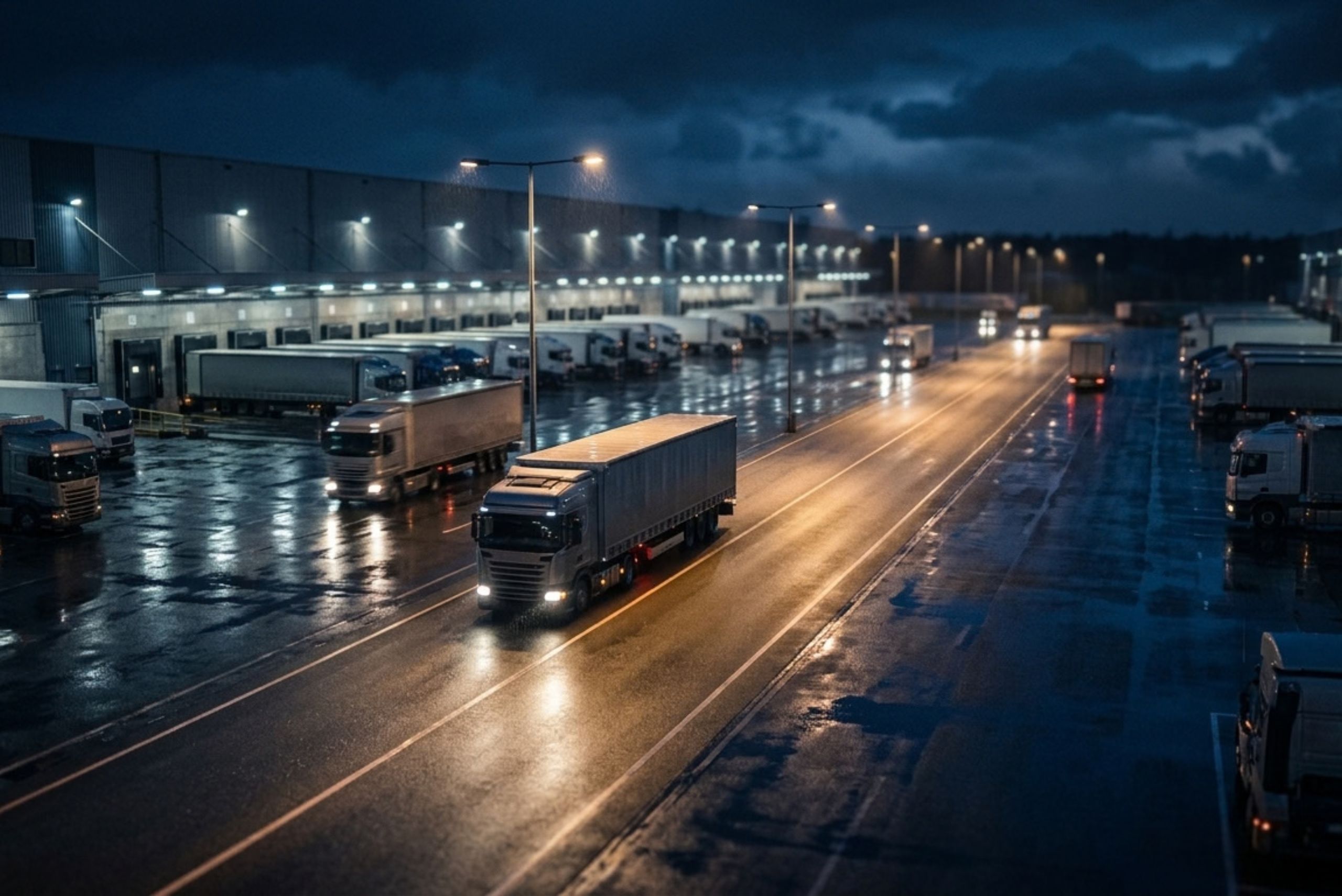 Freight trucks moving through a large distribution centre at night, with illuminated loading docks and wet roads reflecting warehouse lighting.